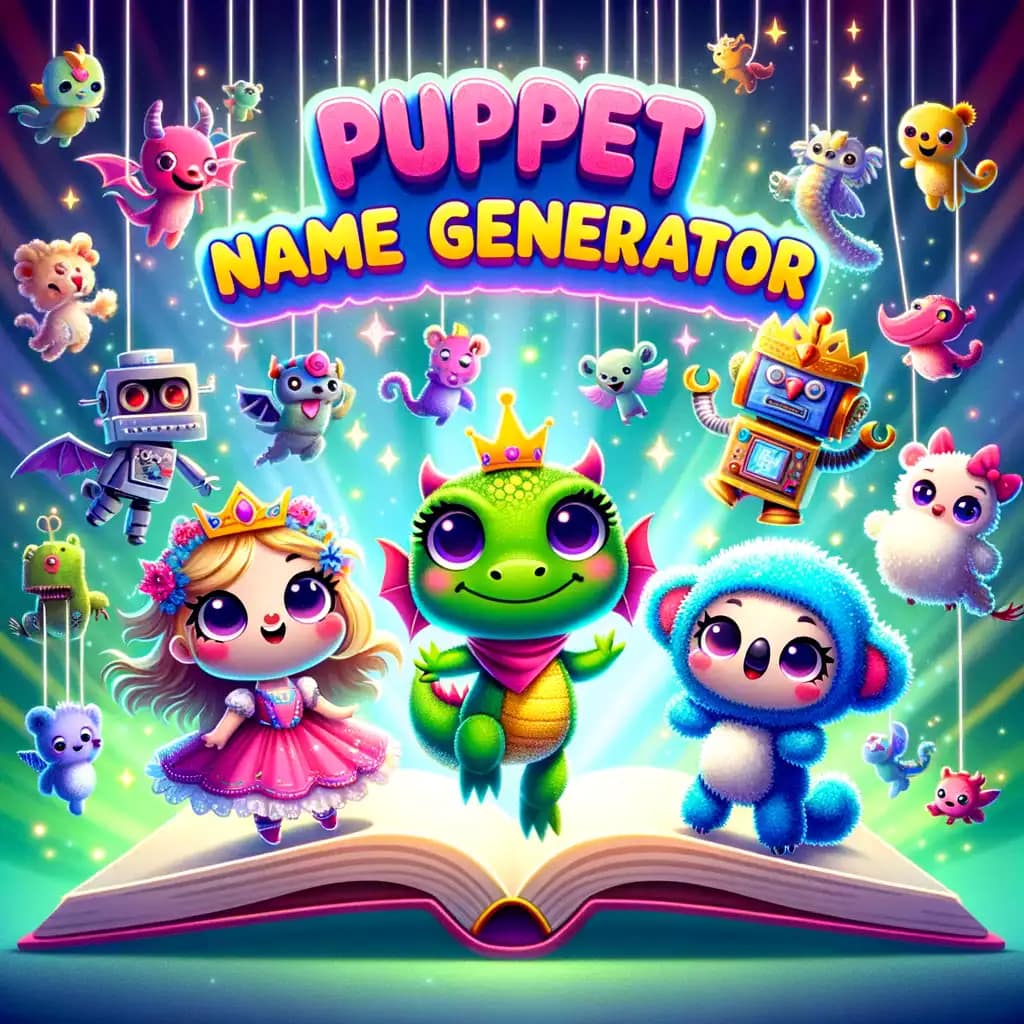 puppet name generator thumbnail with illustrations of creative puppet characters popping out of a book