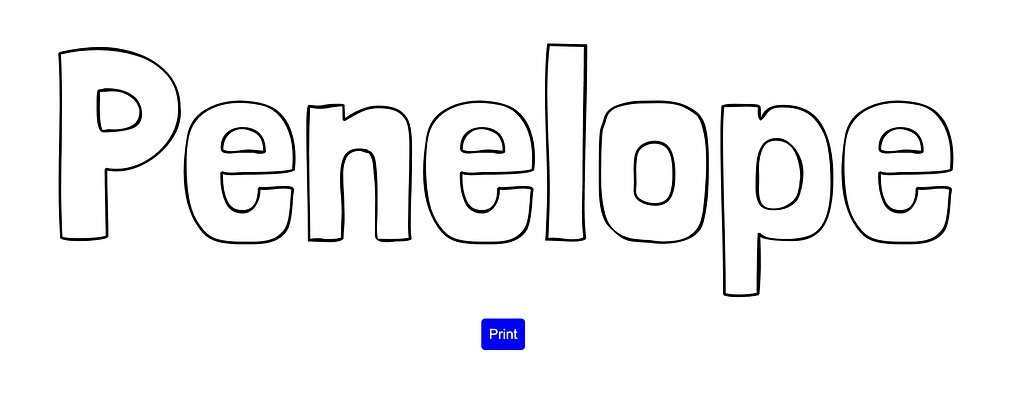 Showing the full size version of the name coloring page of the name penelope with unfilled block font