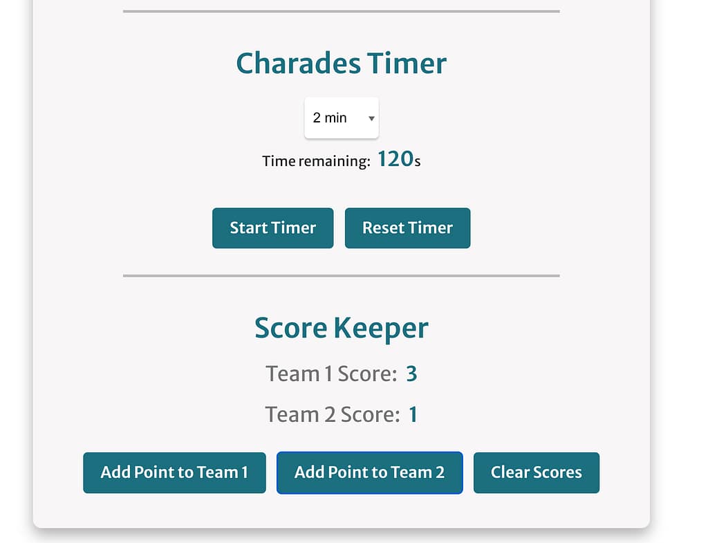 screenshot showing the charades word generator built-in timer and score keeper 