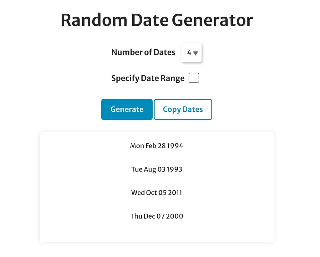 screenshot of the Random Date Generator with example random dates generated