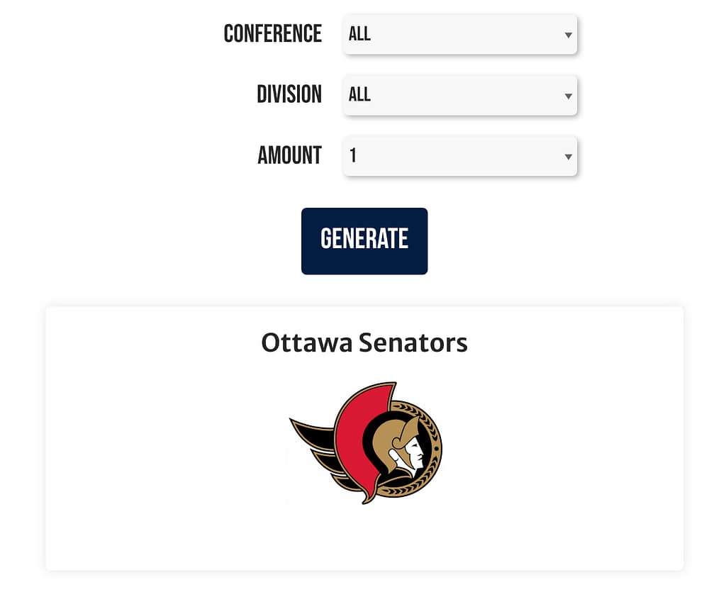 Screenshot of the using the filters on the Random NHL Team Generator