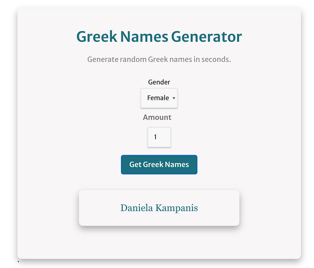 Screenshot of using the greek names generator for greek female names