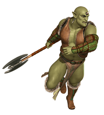 Green Orc with a horn using an axe and wearing fur boots