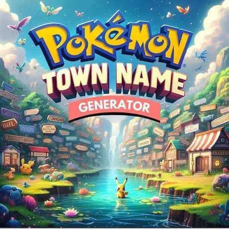 Pokemon town name generator thumbnail with illustration of pikachu in a river on an island and pokemon city names surrounding him