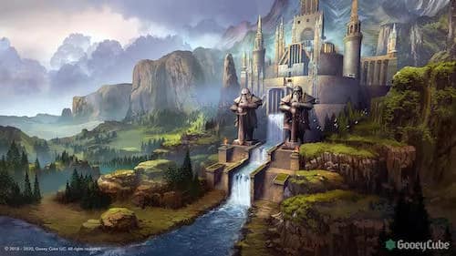 Dwarven City with waterfall and castle and trees