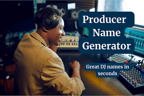 Producer Name Generator thumbnail with a music producer smiling sitting in a music studio