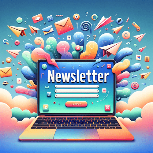 newsletter name generator thumbnail with a newsletter and colorful illustrations of email and airplanes