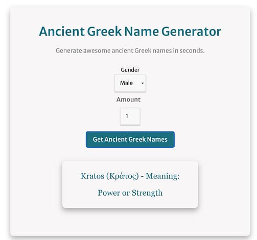 screenshot showing how to use the ancient greek name generator, with an ancient greek name displayed and its meaning
