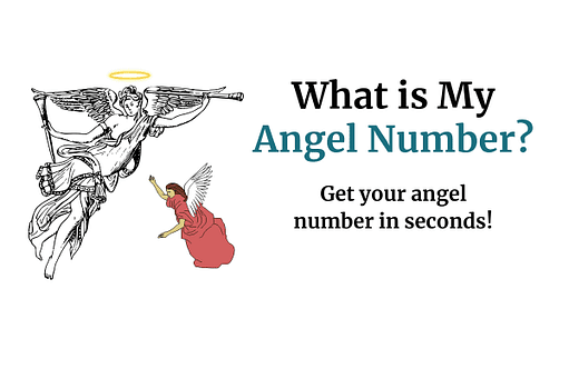 two angels, one handdrawn and one illustrated floating, next to text that says what is my angel number?