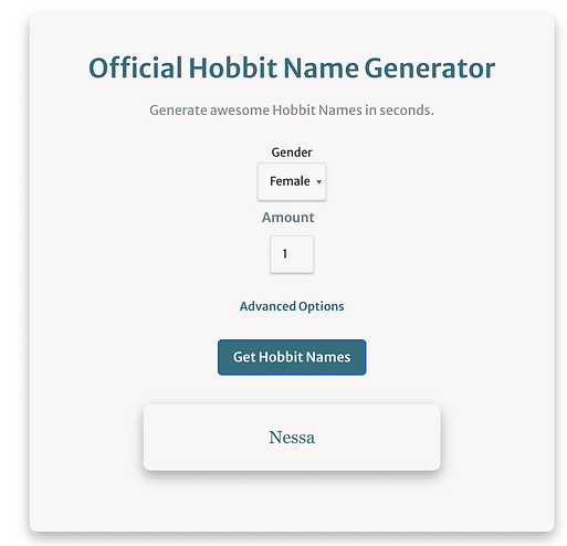Example showing how to use the hobbit name generator to get female hobbit names