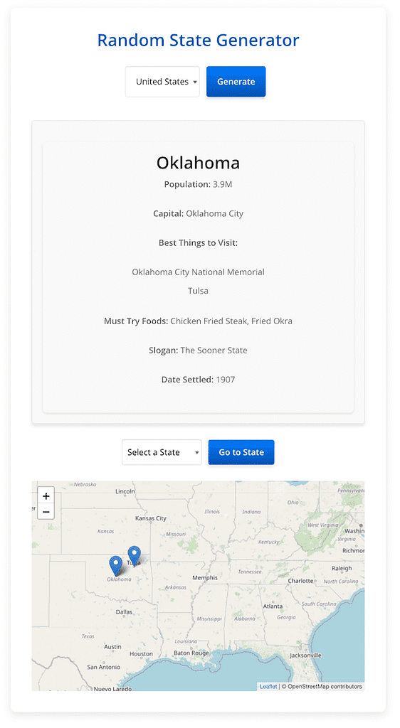 screenshot of the random state generator showing a random us state and a bunch of details about the state