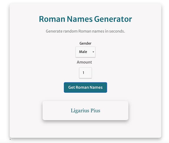 Roman names generator screenshot of user interface