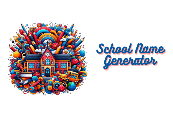 school name generator thumbnail with a logo of a colorful school and pencils
