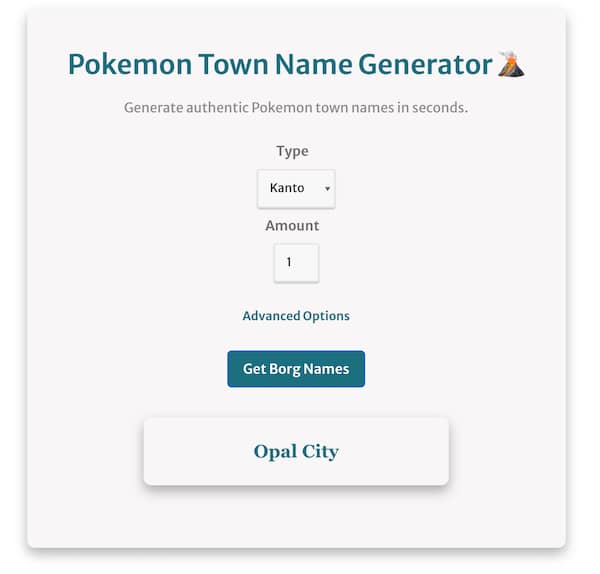 screenshot of the pokemon town name generator showing how to use it to generate pokemon city names related to the Kanto region in pokemon