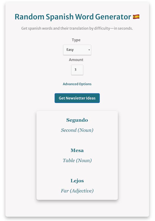 screenshot of the random spanish word generator with examples of easy spanish words and their translations