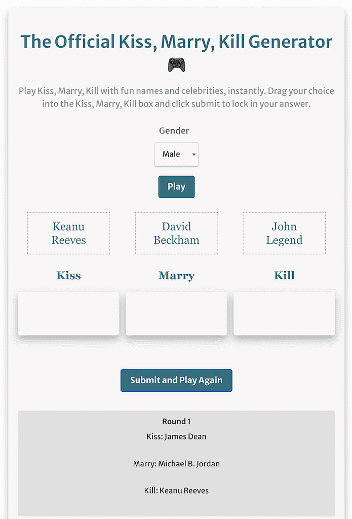screenshot of using the kiss marry kill generator