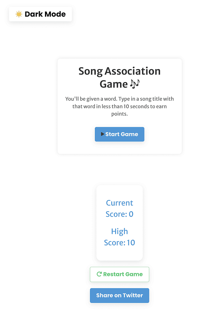 Screenshot of the Song Association Game showing start game screen