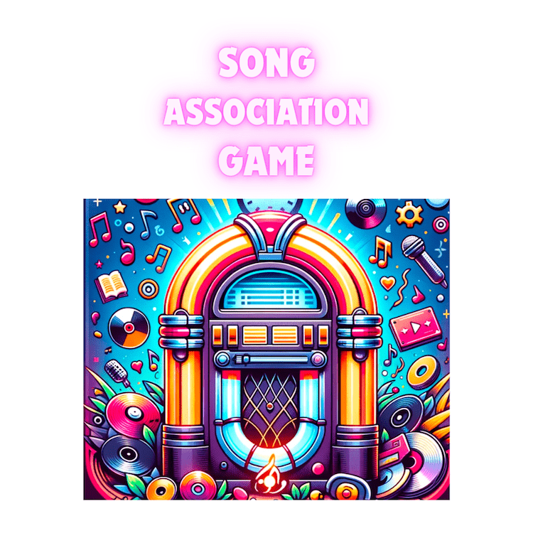 song association game thumbnail with a colorful jukebox and music symbols