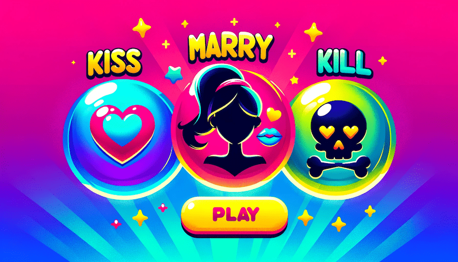 kiss marry kill generator thumbnail with icons for kiss marry kill and a play button with vibrant colors and star accents