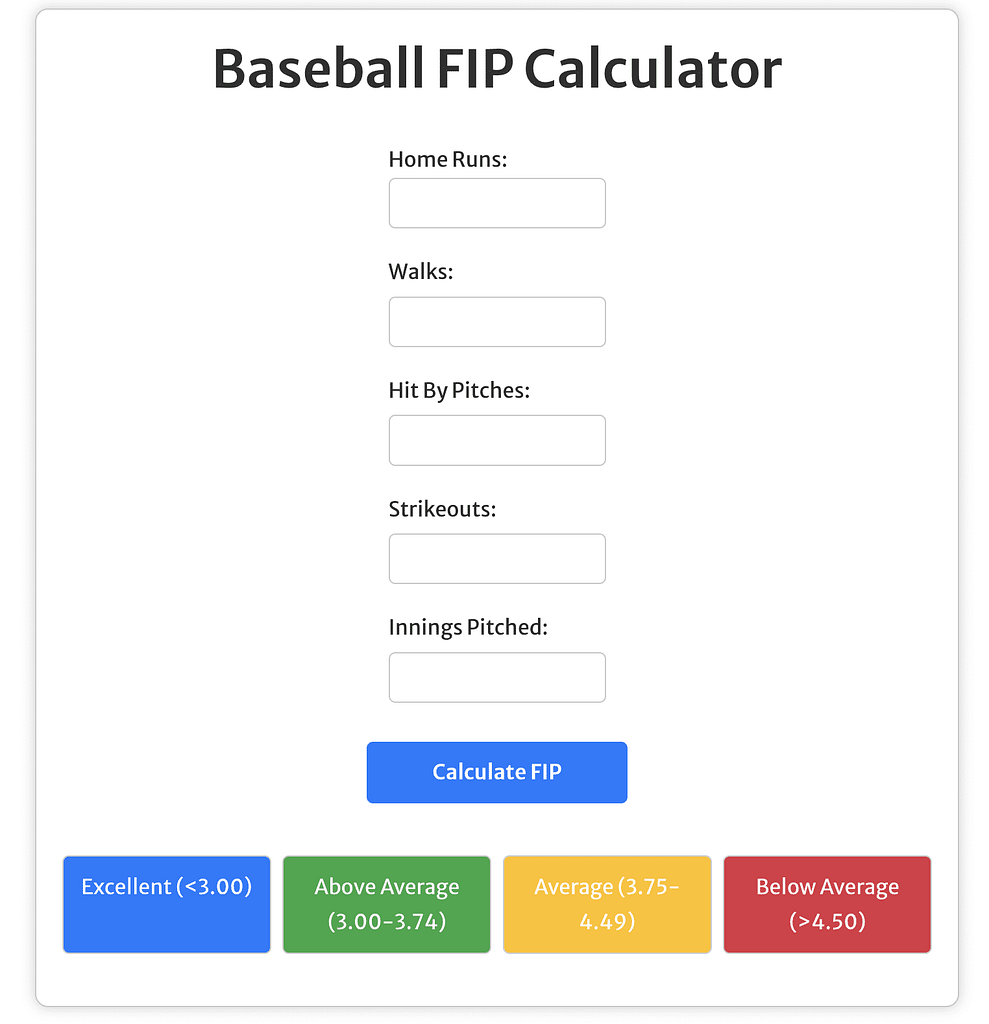 Baseball FIP calculator screenshot with inputs for home runs, walks, hit by pitches, strikeouts, innings pitched as well as a scale for the user to reference their FIP compared to others