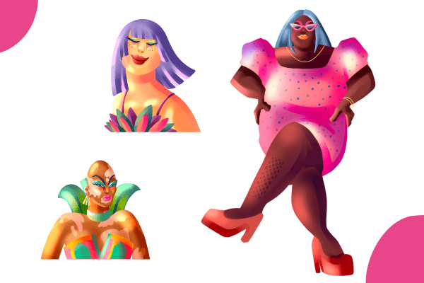 Three drag queens in an image with creative pink styling