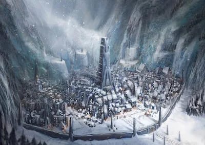 Dwarven City Name: Winterhold featuring icy mountains