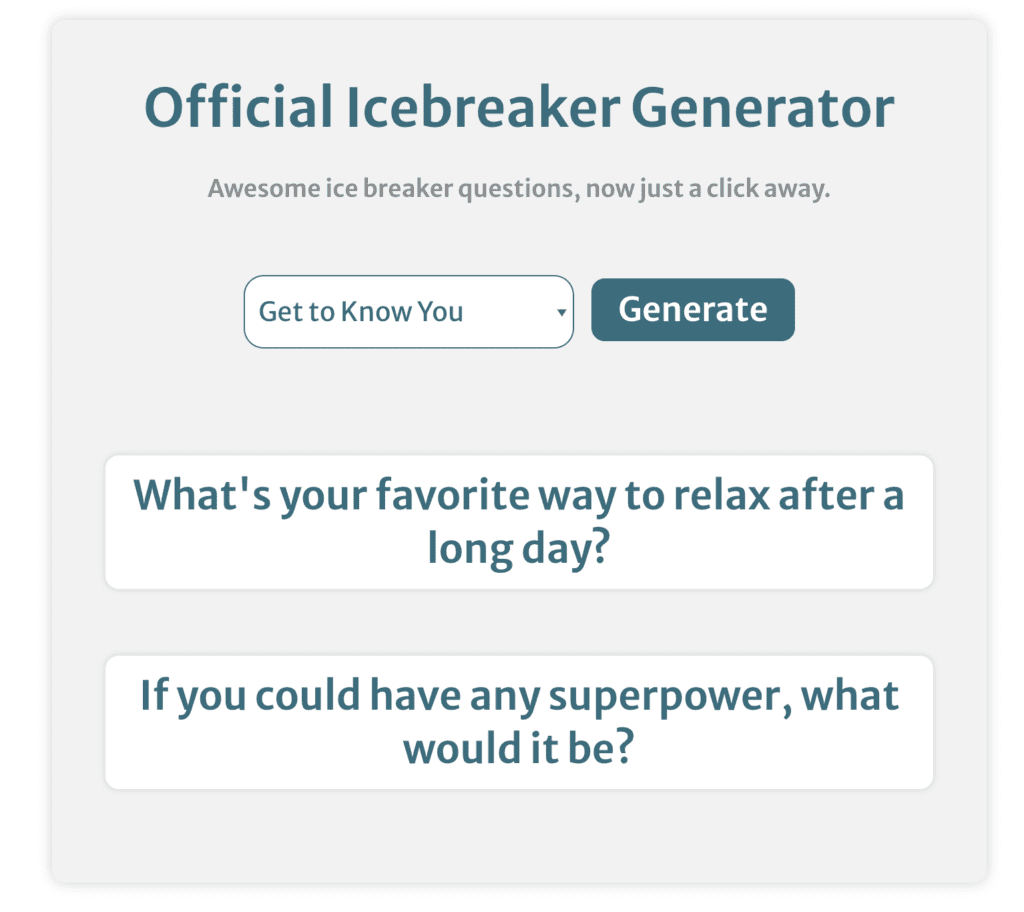 screenshot showing how to use the icebreaker generator to get ice breaker questions