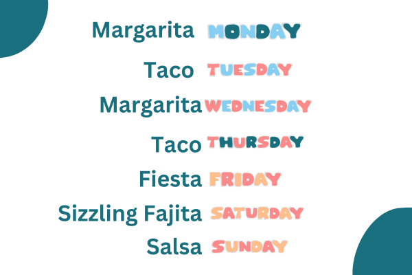 list of catchy weekday names with colorful letters