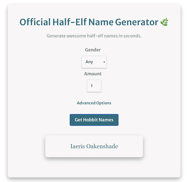 screenshot showing how to use the half elf name generator