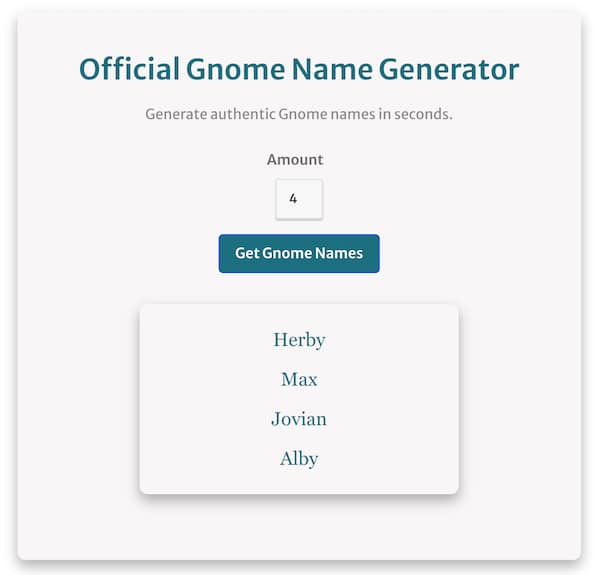 Screenshot using the gnome name generator and 4 generated gnome names