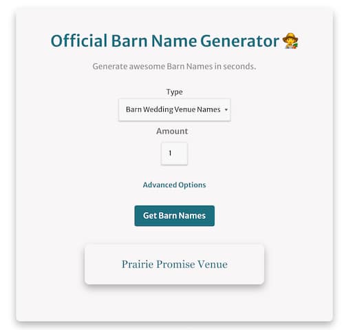 barn name generator screenshot with a barn name
