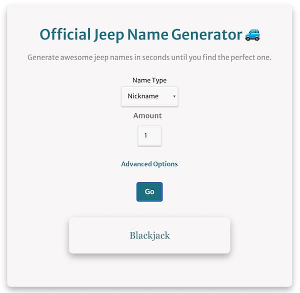 how to use the jeep name generator screenshot with a jeep name of blackjack