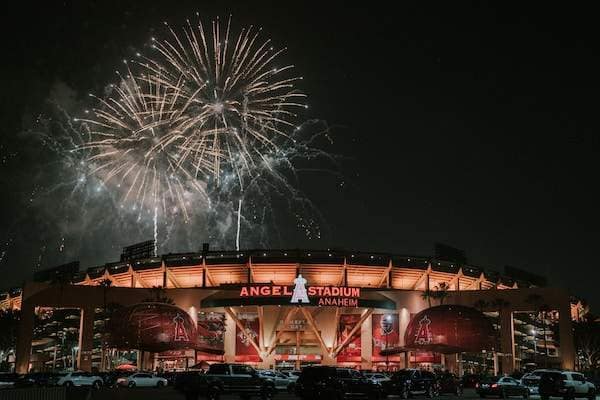 fireworks coming out of the MLB team Angels Stadium 