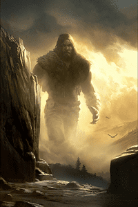 giant walking next to a mountain in the sunlight