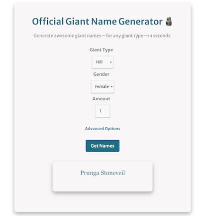 screenshot showing how to use the giant name generator to get male or female storm giant names