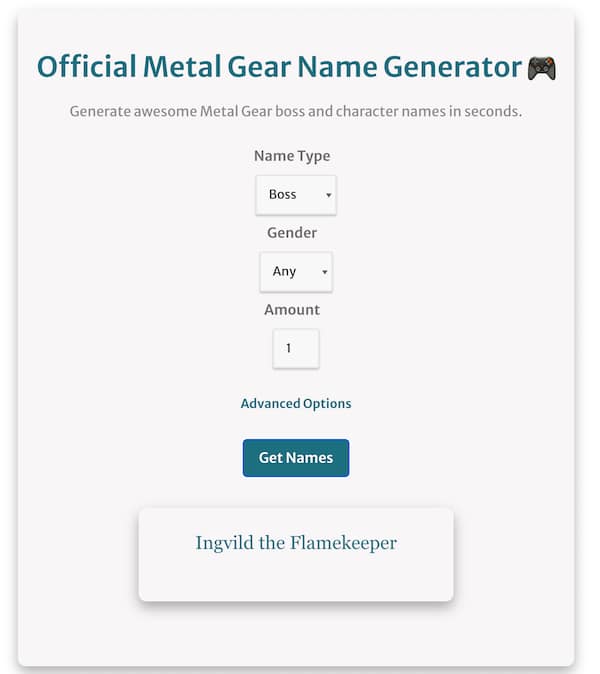 screenshot of the metal gear name generator with the name type and gender filters