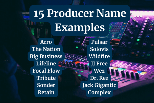 15 music producer names from the producer name generator with a music studio in the background