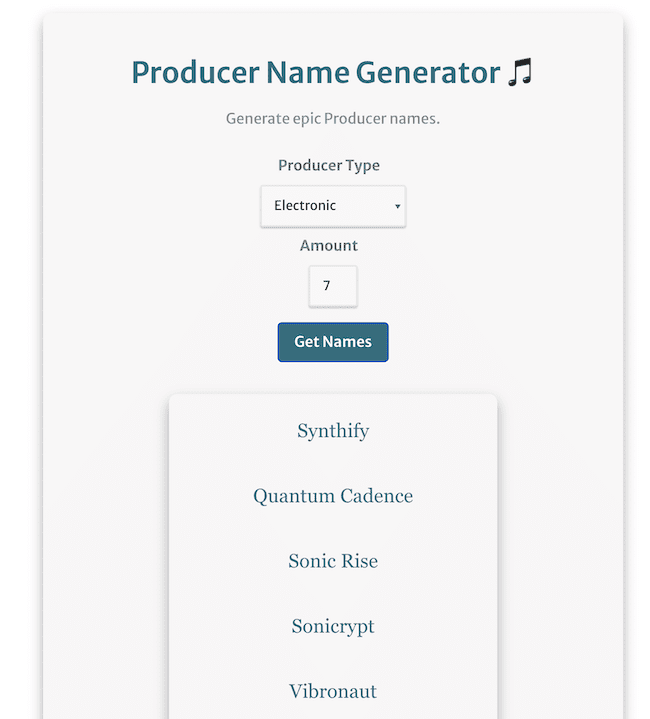 screenshot of the producer name generator with 7 example electronic music producer names