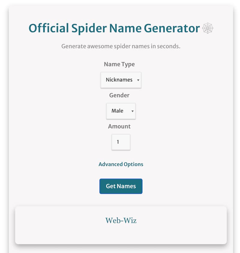 screenshot of the spider name generator showing the different options and sample spider names generated
