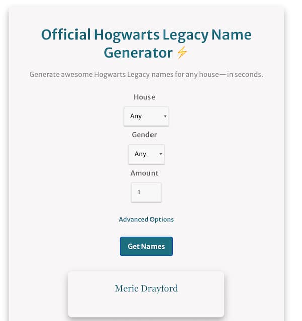 screenshot of the hogwarts legacy name generator showing how to use it with example hogwarts legacy names