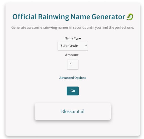 screenshot of the RainWing name generator with example rainwing names generated