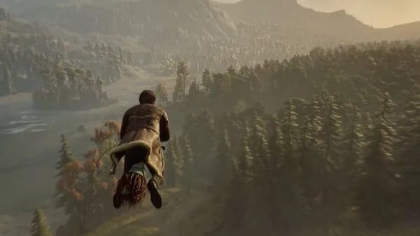 screengrab of playing hogwarts legacy flying over trees on a broom