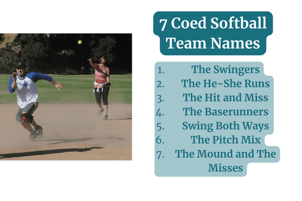 7 coed softball team names infographic with a picture of a coed softball game throwing a softball