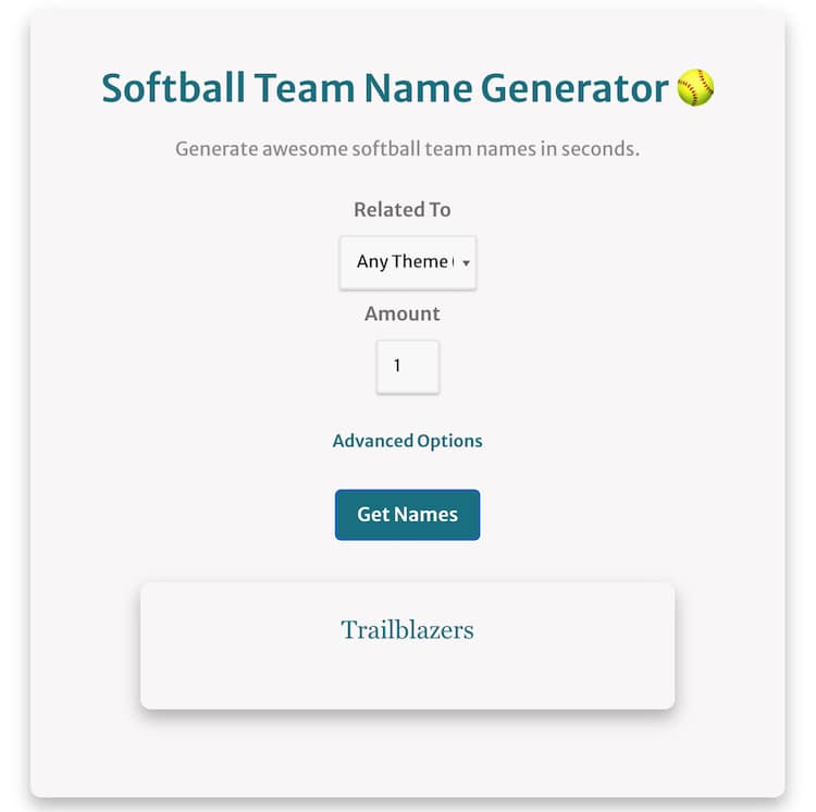 softball team name generator screenshot showing how to use it