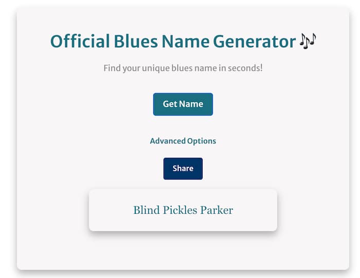 screenshot of the blues name generator showing how to use it