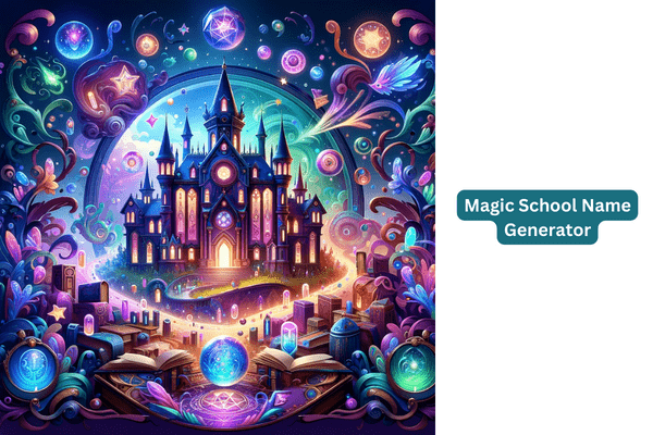 magic school name generator thumbnail with a magic castle and colorful magic elements