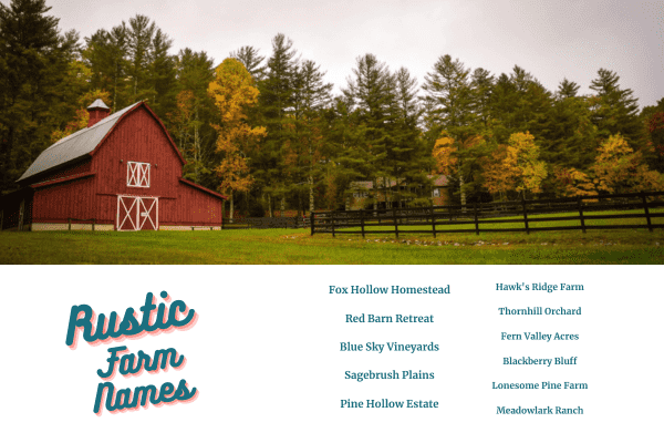 17 rustic farm names from the farm name generator with a rustic barn and trees