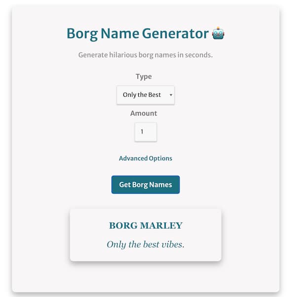 borg name generator screenshot showing how it works with the example name borg marley