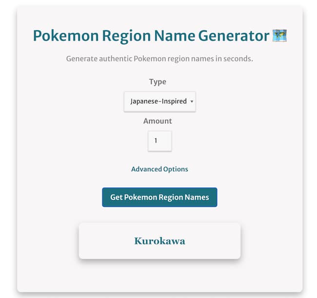 pokemon region name generator thumbnail showing a japanese-inspired pokemon region name called Kurokawa